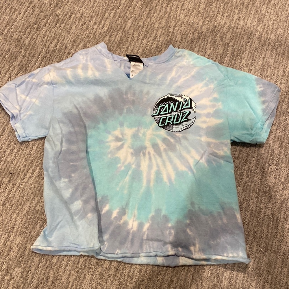Cropped and cut v neck purple and blue tie dye Santa Cruz shirt